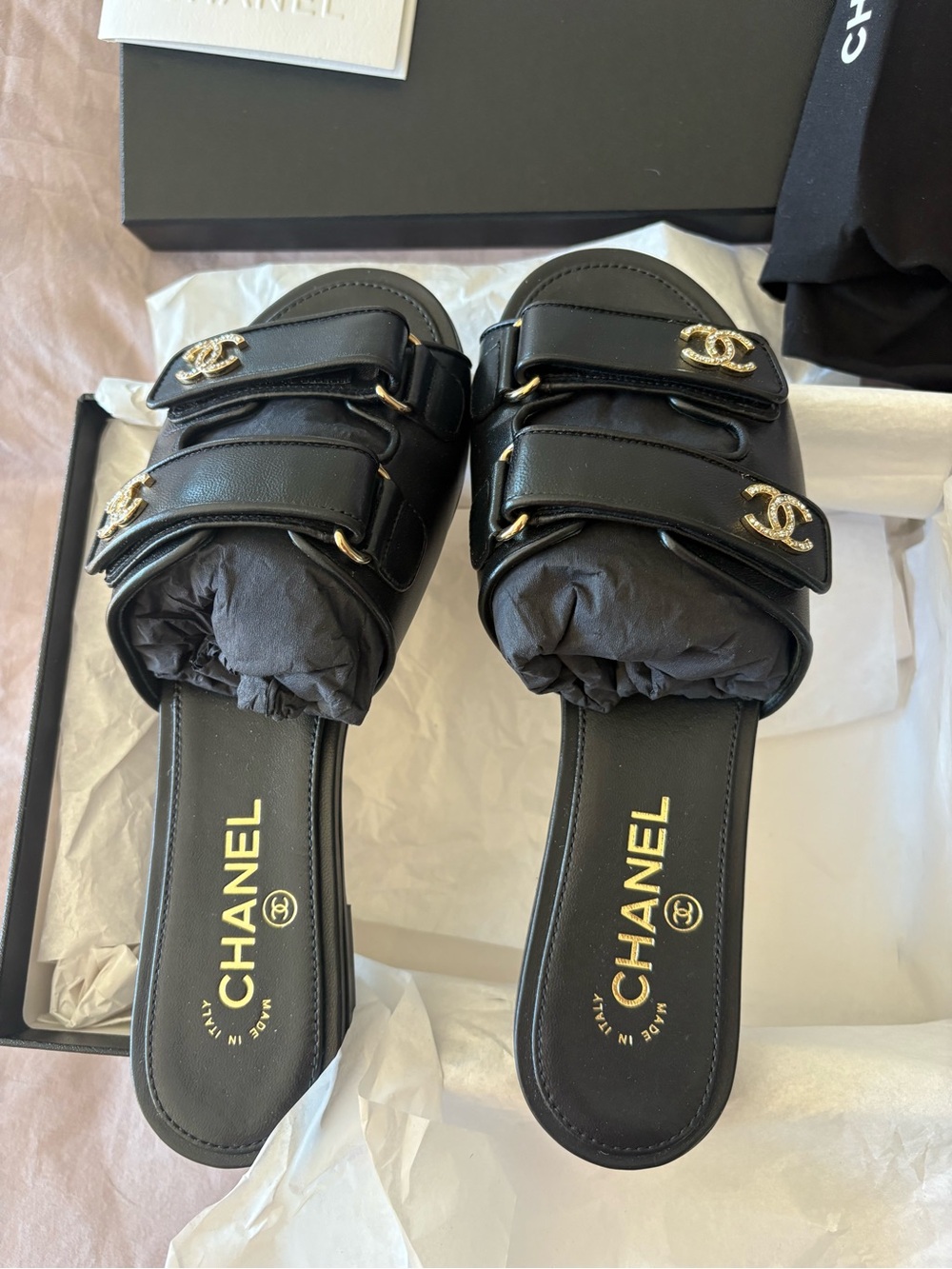 CHANEL Black Leather Double-Strap Slide Mules with Gold CC EU40